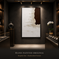 Peinture murale abstraite texturée bicolore Wabi-Sabi en plâtre blanc et brun foncé sur toile pour salon et entrée