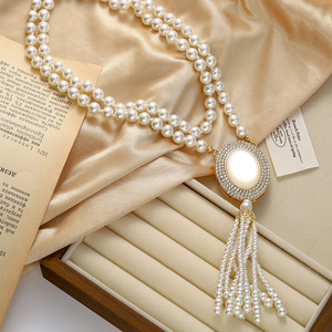 Guohaoshipin Pearl Necklace Oval Pendant Tassel Design For Sweater Chain - Product Image 3