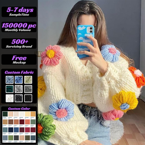 VSCOO maglioni fatti a mano da donna <span class=keywords><strong>Cardigan</strong></span> a manica lunga <span class=keywords><strong>fiori</strong></span> uncinetto scollo a v in lana fatti a mano - Product Image 1