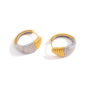 Hoop Earrings Stainless Steel Gold Silver Two Tone Crystal Inlay Everyday Wear Geometric Design Oval Shape - Product Image 5