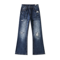 Jean Homme 100% Coton Vintage Taille Haute Coupe Bootcut Déchiré à Rivets Classique Bleu Foncé Délavé Effet Usé Ample Structuré Épais