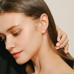 925 Silver <b>Opal</b> Stud <b>Earrings</b> With Round Diamond Claw Setting Geometric Classic Women's Everyday Wear - Product Image 4