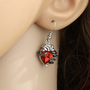 Gothic Heart Skull Hand <b>Drop</b> <b>Earrings</b> <b>Red</b> Crystal Zinc Alloy Party Jewelry for Women Halloween Style - Product Image 2