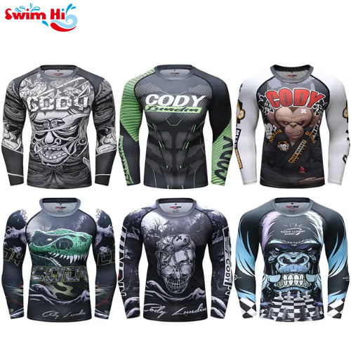 Custom printed mma rash guard upf protezione uv mute da uomo surf manica lunga camicia da surf rash guard bjj