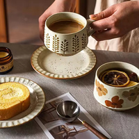 Ensemble tasse et soucoupe à café en céramique rétro à parois épaisses, style luxueux et haut de gamme