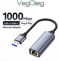 Adaptateur Ethernet VegGieg 1000 Mbps USB 3.0 vers RJ45, boîtier en aluminium, convertisseur réseau USB-A vers Gigabit LAN, Plug and Play