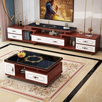 Ensemble de meubles modernes pour la maison : meuble TV et table basse avec plateau en verre et panneau en bois pour salon et bureau à domicile