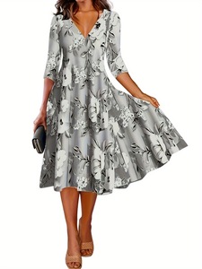 Vestido Largo Elegante de Verano para Mujer, Manga Siete Puntos, Cuello en V, Estilo Casual, Elegante, para Vacaciones, con Estampado Floral en <span class=keywords><strong>Blanco</strong></span> y Negro - Product Image 3