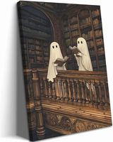 2 esprits lisant dans une bibliothèque - Art mural vintage - Peinture à l'huile sur toile - Galerie d'étagères Dark Academia - Impression encadrée - Décoration d'étude d'Halloween