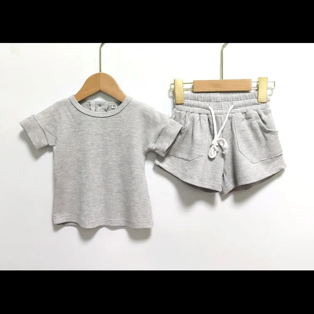LANYE 2023 Summer Infant O-neck Outfit Baby Girls Boys Waffle Plaid Short Sleeve Clothing Set