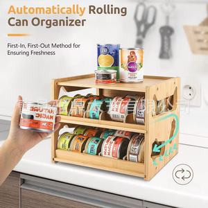 Estante de Almacenamiento de Alimentos para Mascotas de Doble Capa de Bambú y Madera, Organizador de Golosinas para Perros y Gatos con Función de Ruedas - Product Image 1