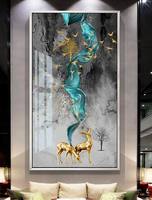 Toile murale Art déco moderne Impression d'art cerf doré et oiseau Peinture tissu Décoration