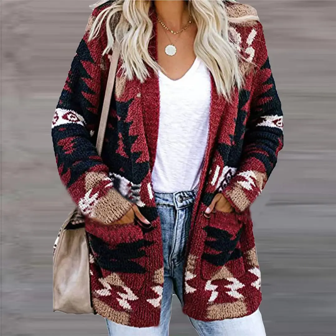 Cardigan Boho da donna Aztec aperto davanti allentato maglioni Slouchy cappotto tribale a maniche lunghe lavorato a maglia con albero di natale di Halloween