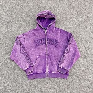 Sudadera con capucha de forro polar transpirable estilo urbano vintage desgastado 2026, personalizada con bordado 3D, unisex, corte holgado, con cremallera y estampado. - Product Image 1