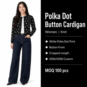 <span class=keywords><strong>Cardigan</strong></span> da Donna a Pois con Bottoni, <span class=keywords><strong>Nero</strong></span>, Corto, in Maglia con Puntini Bianchi OEM/ODM - Product Image 6