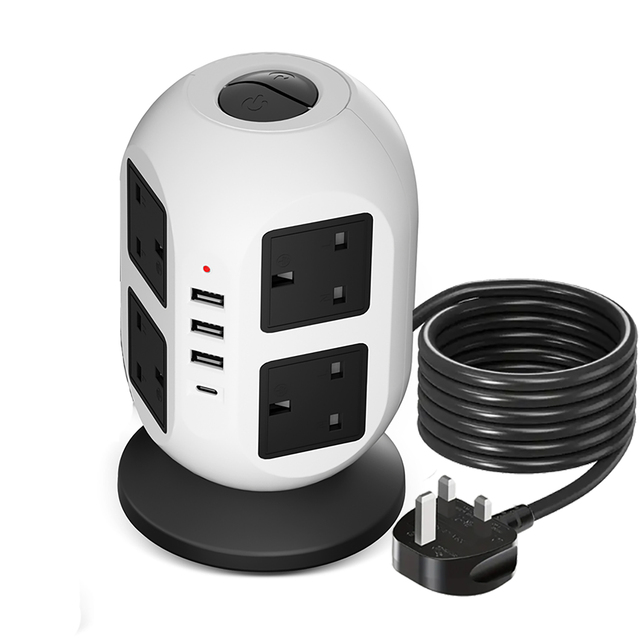 Tower Power Strip Extension Socket 8 AC Outlets 3 USB-A 1 USB-C Overload Protection Desk Charging Station for Home Office EU US