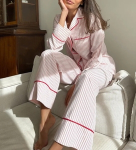 Pijama de algodón personalizado para mujer, pantalones de manga larga a rayas rosas y blancas con cintura elástica, talla XL-Pure % para VERANO Primavera - Product Image 6