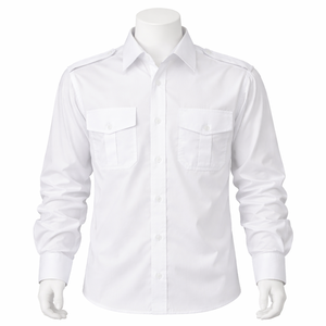 Camisa de uniforme de piloto de aerolínea, blanca, de mezcla de algodón y poliéster satinado, de manga larga, con epaulettes en los hombros. - Product Image 1