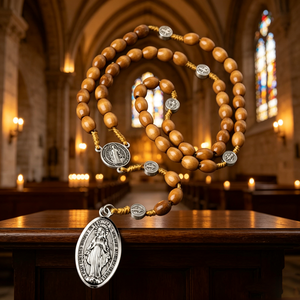 Rosario de Madera con Cuentas, Cruz de Plata, Crucifijo INRI, Joyería Religiosa Católica Cristiana, Unisex, Hecho a Mano, Estilo Antiguo - Product Image 2