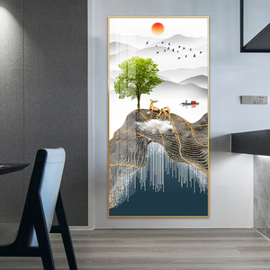 זהב צבי ירוק עץ מופשט הרי נוף ציור בעלי החיים יוקרה קיר לעיצוב בית הדפסי פוסטר ובד מתנה - Product Image 2