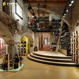 Aangepaste Wijn Winkel Display Houten Wijn Meubels Rack Wall Mounted Ontwerp Grote Armatuur Wijnkelder Planken