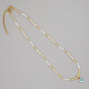 Go2BoHo Evil Eye Charm Necklace Fashion Jewelry Gold Plated Tiny Glass Beads 3mm White Crystal & Pearl Necklaces for Women Gift