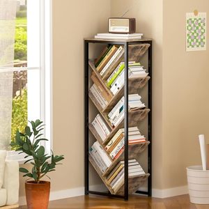 SENYU Bibliothèque d'angle industrielle moderne en bois, 6 niveaux, autoportante, étagère gain de place pour salon et bureau à domicile - Product Image 1