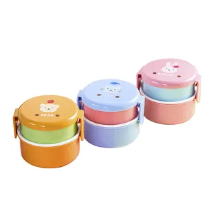 Großhandel Doppels ch ichten Mikrowelle Kinder Runde Lebensmittel behälter Schulkind Niedliches Besteck Cartoon Kunststoff Mini Lunch Box