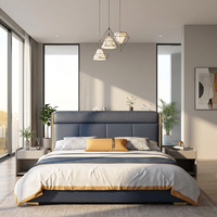 Cadre de lit en bois massif au design moderne avec tête de lit rembourrée en cuir véritable de qualité supérieure, sensation élastique Q-elastic, et table de chevet