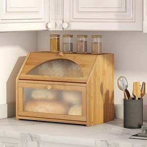 Boîte à pain en bambou avec porte en verre, armoire de rangement de cuisine en bois massif pour le pain et les aliments, utilisation sur comptoir - Product Image 3