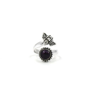 Bague unisexe artisanale en argent 925 plaqué argent oxydé, style bohème, avec améthyste violette de 7 mm sertie clos et en sangle. - Product Image 2