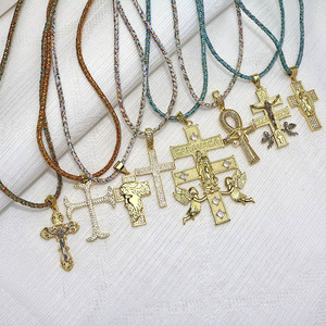 Kalung Liontin Salib Ankh Malaikat Bunda Maria Yesus Berlapis Emas NZ1713 dengan Rantai Tali Kepang, Perhiasan Kristen Katolik - Product Image 3