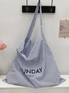 Bolsa de Mano Personalizada con Logotipo, de Algodón a Rayas, Reutilizable, de Lona, Ligera, Lavable, de Gran Capacidad, para Compras - Product Image 4