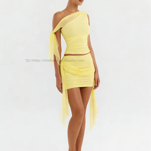 Women's One-Shoulder Sheer <b>Tie</b> Ruched 2 Two Piece <b>Set</b> - Crop Top & Mini Skirt Party Co-ord Fashion - Product Image 4