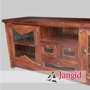 Mueble de TV modular de madera de Sheesham con 2 puertas de vidrio y 3 cajones, hecho a mano para el hogar, hotel o casa de campo. - Product Image 3