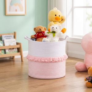 Cute Pink Rope <b>Storage</b> <b>Basket</b> With Handles For Children's <b>Toy</b> <b>Storage</b> Circle Shape Foldable Design - Product Image 3