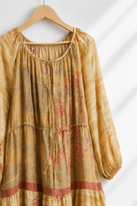 Vestido Maxi de Mujer Talla Única para Otoño/Verano, con Mangas Farol, Estampado Floral, Cuello en V, Corte Regular, Ecológico, de Crepé de Seda, Estilo Vintage - Product Image 2