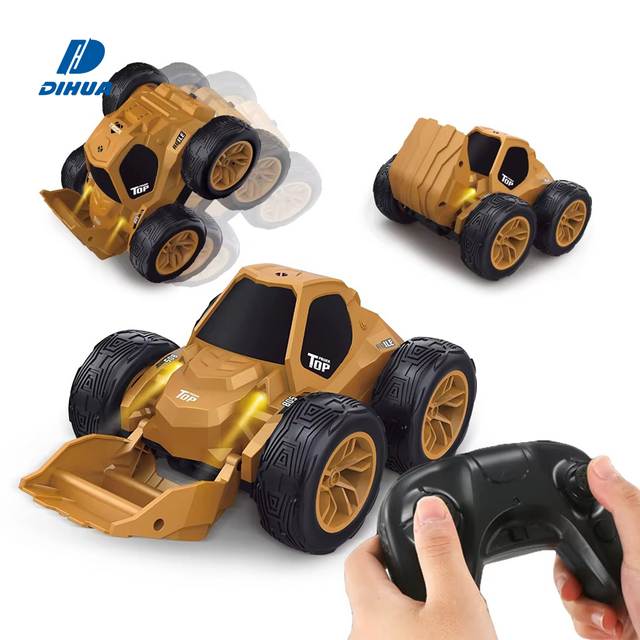 2.4G 1:28 360 Flip Rotating Stunt Car Remote Control Bulldozer W/ Light Front Loader , RC Excavator Toy Construction Vehicle
