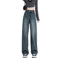 Jean en denim de coton pour femme, coupe oversize de haute qualité, avec logo personnalisé, ample, respirant, taille mi-haute, jambe droite et large