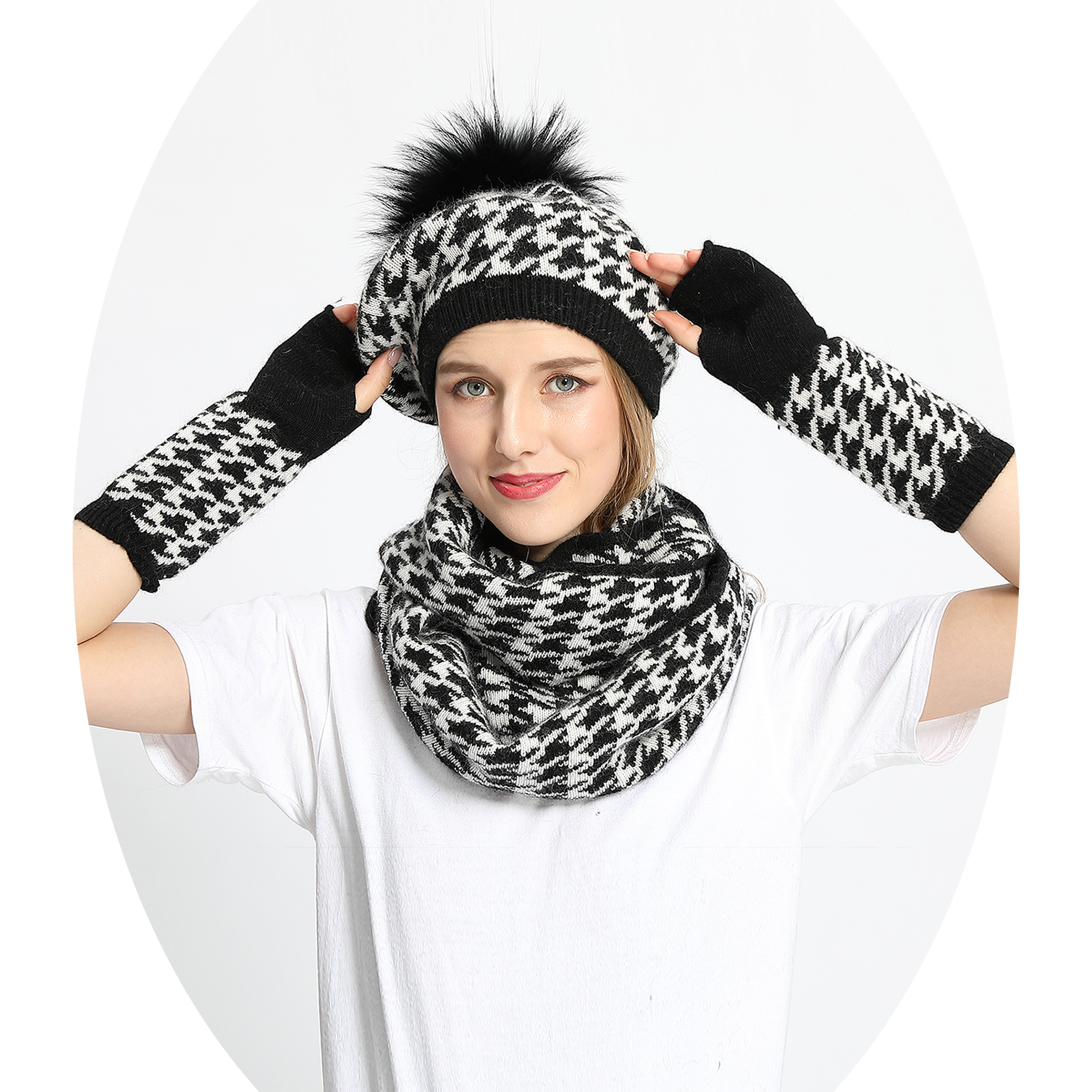 Хорошая цена хлопковая шерсть кашемир смешанный вязаный однотонный Зимний берет шапка шарф перчатки набор