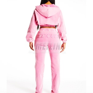 Custom logo Women Fleece Distressed Patch Embroidery Acid Wash <b>Zip</b> <b>up</b> Hoodies and Sweatpants Set pink Tracksuit Women Sweatsuit - Product Image 3