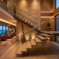 Escalier droit d'intérieur pour maisons, design élégant en acier carbone, poutre monobloc, marches en bois de chêne avec main courante en verre trempé