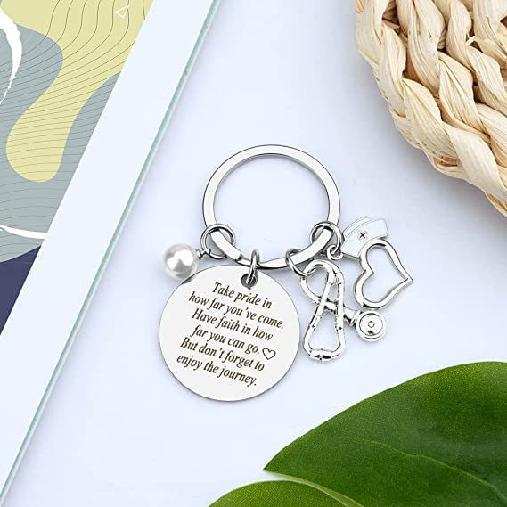 SHTALHST Nurse Keychain - Stainless Steel Inspirational Gift With Stethoscope & Mask Charm, White - View #2