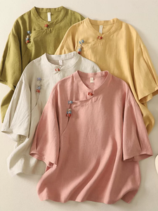 Nuova camicia in cotone stile cinese camicia estiva retrò ampia camicetta <span class=keywords><strong>con</strong></span> abbottonatura obliqua <span class=keywords><strong>con</strong></span> bottoni annodati <span class=keywords><strong>con</strong></span> collo mandarino - Product Image 5