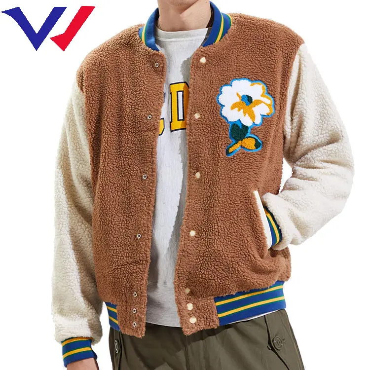 Fleece jackets floral embroidery patches Letterman Fluff sherpa lamb wool sheepskin winter jacket for men 2022
