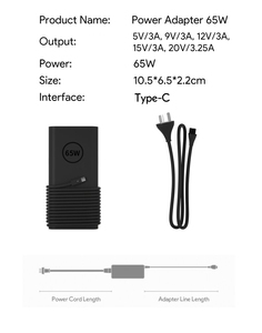 <span class=keywords><strong>Chargeur</strong></span> pour <span class=keywords><strong>ordinateur</strong></span> portable USB-C 65W compatible avec <span class=keywords><strong>Dell</strong></span> Latitude, avec adaptateur secteur et cordon d'alimentation - Product Image 1
