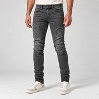 Jeans slim en denim délavé anthracite personnalisés pour hommes avec motif botanique ton sur ton pour les marques de streetwear