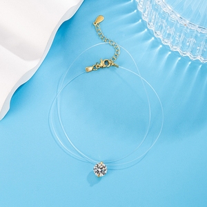 Collier ras du cou tendance avec pendentif solitaire en zircone cubique (CZ) rond, chaîne transparente en fil de pêche, bijou cadeau pour femme - Product Image 6