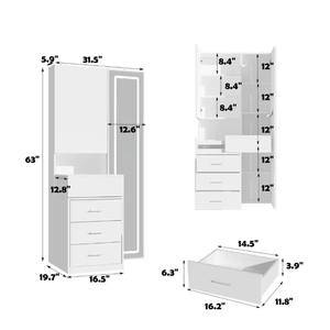 Tocador de Maquillaje Moderno Blanco, Mesa de Maquillaje de MDF con Luces LED, Espejo de Cuerpo Entero, Tapa Deslizante, Estantes Ocultos y Cajones para Dormitorio - Product Image 4