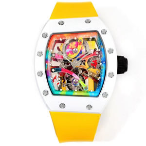 Reloj de Pulsera de Lujo con Diseño de Esqueleto y Tourbillon en Forma de Barril de Color Arcoíris, Caja Blanca y Correa de Fluororubber Amarillo - Product Image 1